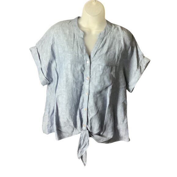 Charter Club Womens Button Up Tie Front Linen Shirt Solid Blue Ocean Small - Picture 9 of 16